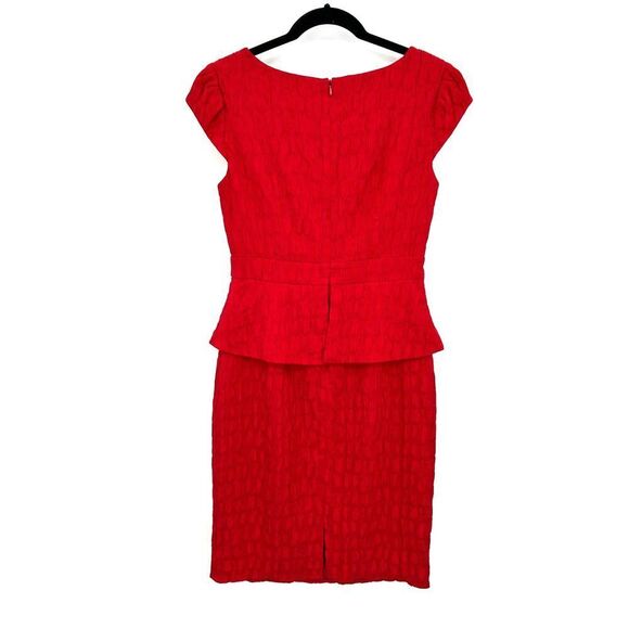 KAY UNGER Red Textured Peplum Knee Length Pleated Sheath Dress Size 2 - Picture 2 of 7